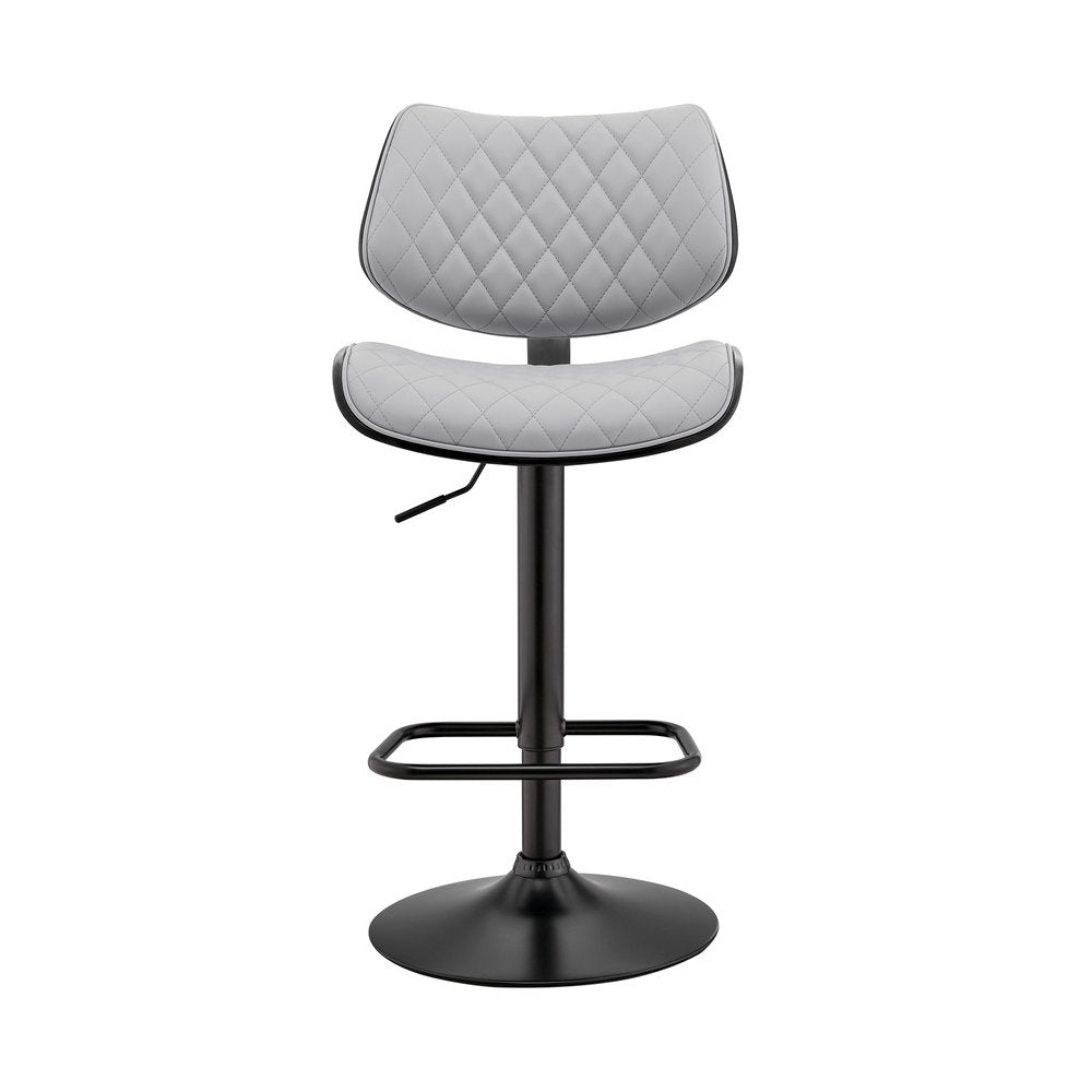 Gray And Black Faux Leather And Fabric And Iron Low Back Adjustable Height Swivel Bar Chair