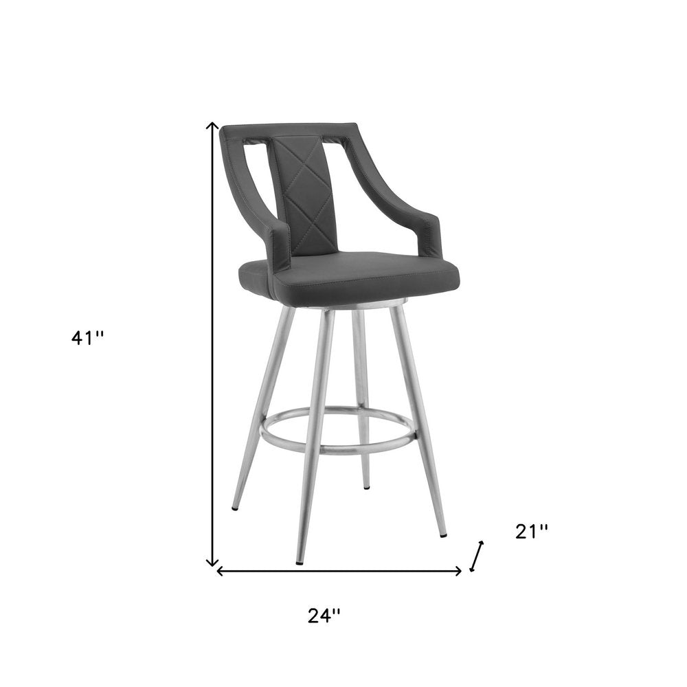 25" Gray and Silver Faux Leather and Iron Counter Height Swivel Bar Chair