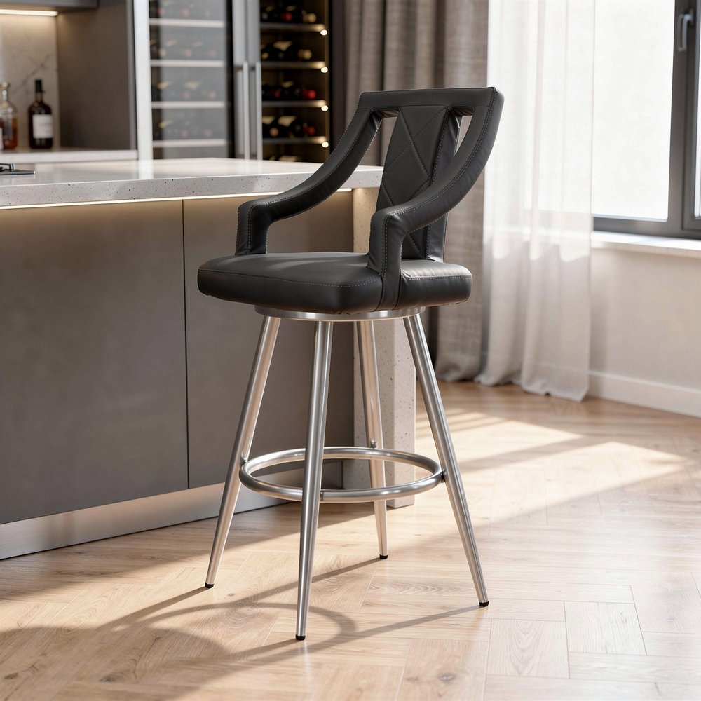 29" Gray And Silver Faux Leather And Fabric And Iron Bar Height Swivel Bar Chair