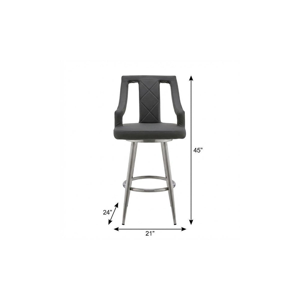 29" Gray And Silver Faux Leather And Fabric And Iron Bar Height Swivel Bar Chair