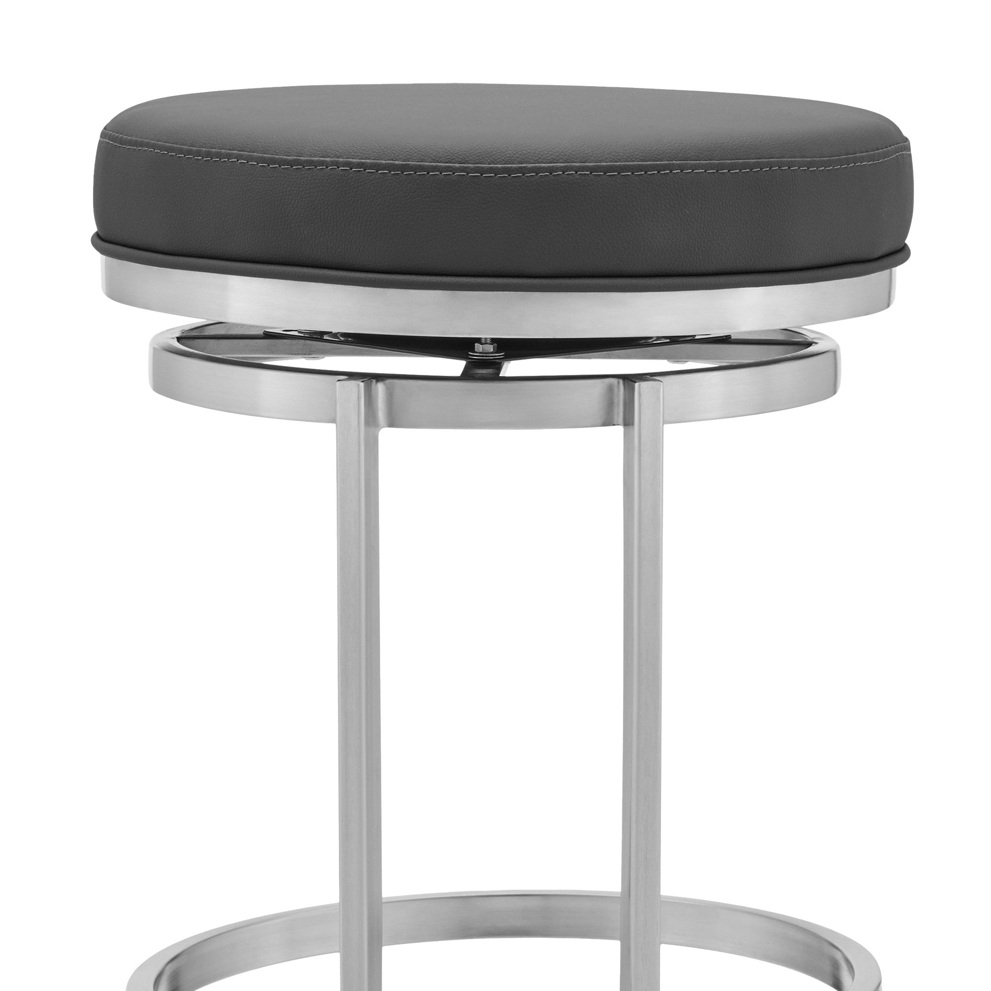 30" Gray And Silver Faux Leather And Fabric And Iron Backless Bar Height Swivel Bar Chair