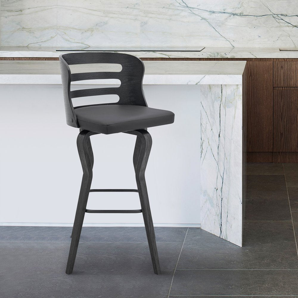 29" Gray And Black Faux Leather And Fabric And Iron Low Back Bar Height Swivel Bar Chair