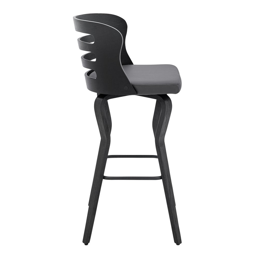 29" Gray And Black Faux Leather And Fabric And Iron Low Back Bar Height Swivel Bar Chair