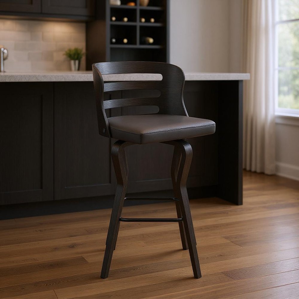 29" Gray And Black Faux Leather And Iron Swivel Low Back Bar Height Bar Chair