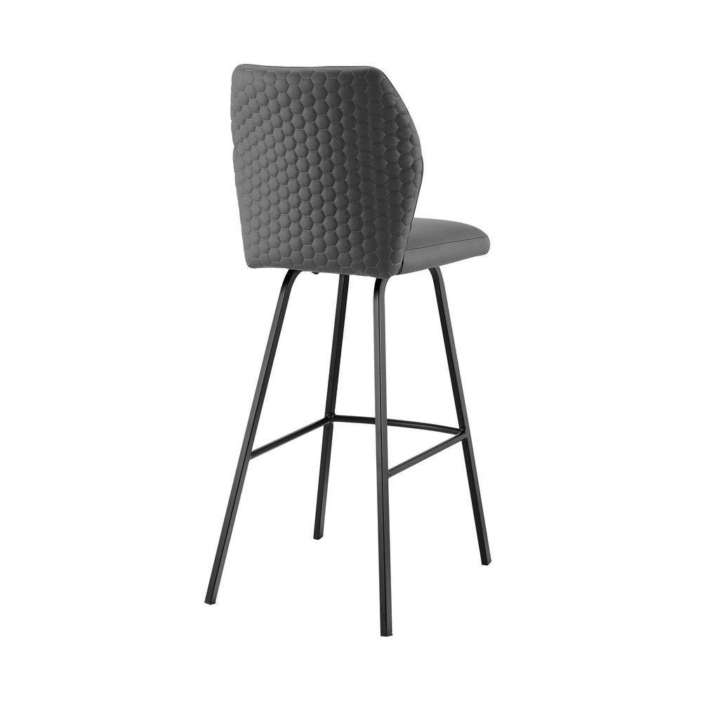 26" Gray And Black Faux Leather And Fabric And Iron Counter Height Bar Chair
