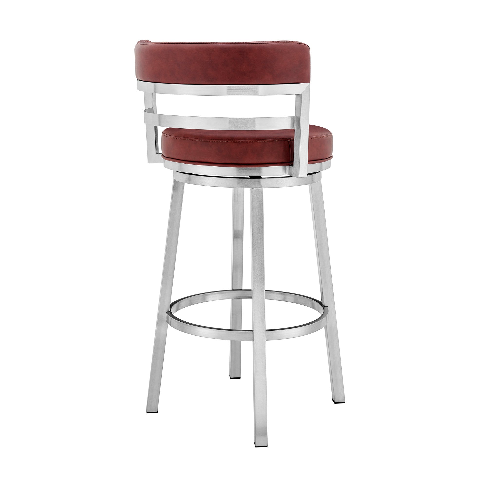 26" Red And Silver Faux Leather And Fabric And Iron Low Back Counter Height Swivel Bar Chair