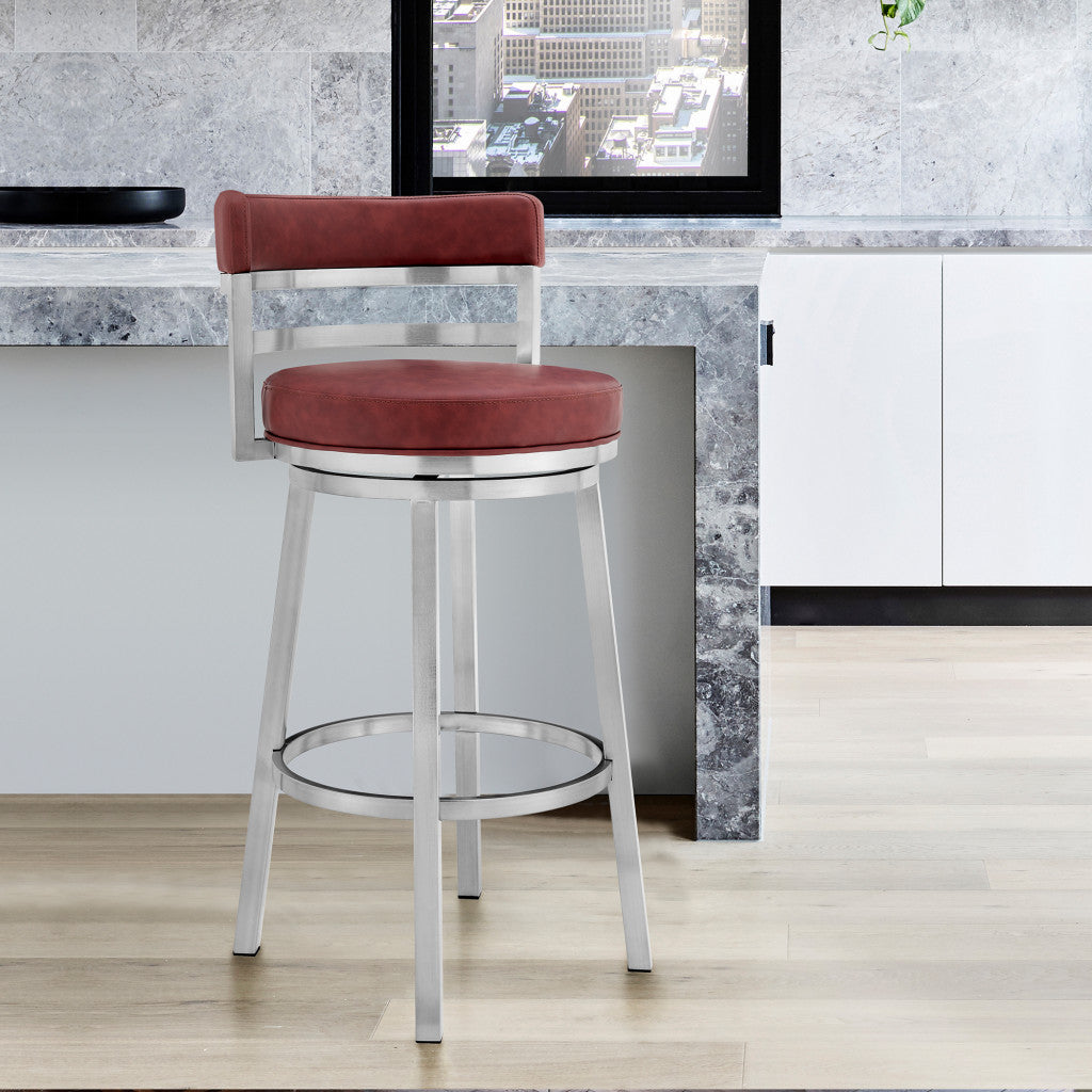 26" Red And Silver Faux Leather And Fabric And Iron Low Back Counter Height Swivel Bar Chair