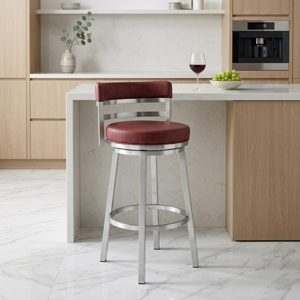 26" Red And Silver Faux Leather And Fabric And Iron Low Back Counter Height Swivel Bar Chair