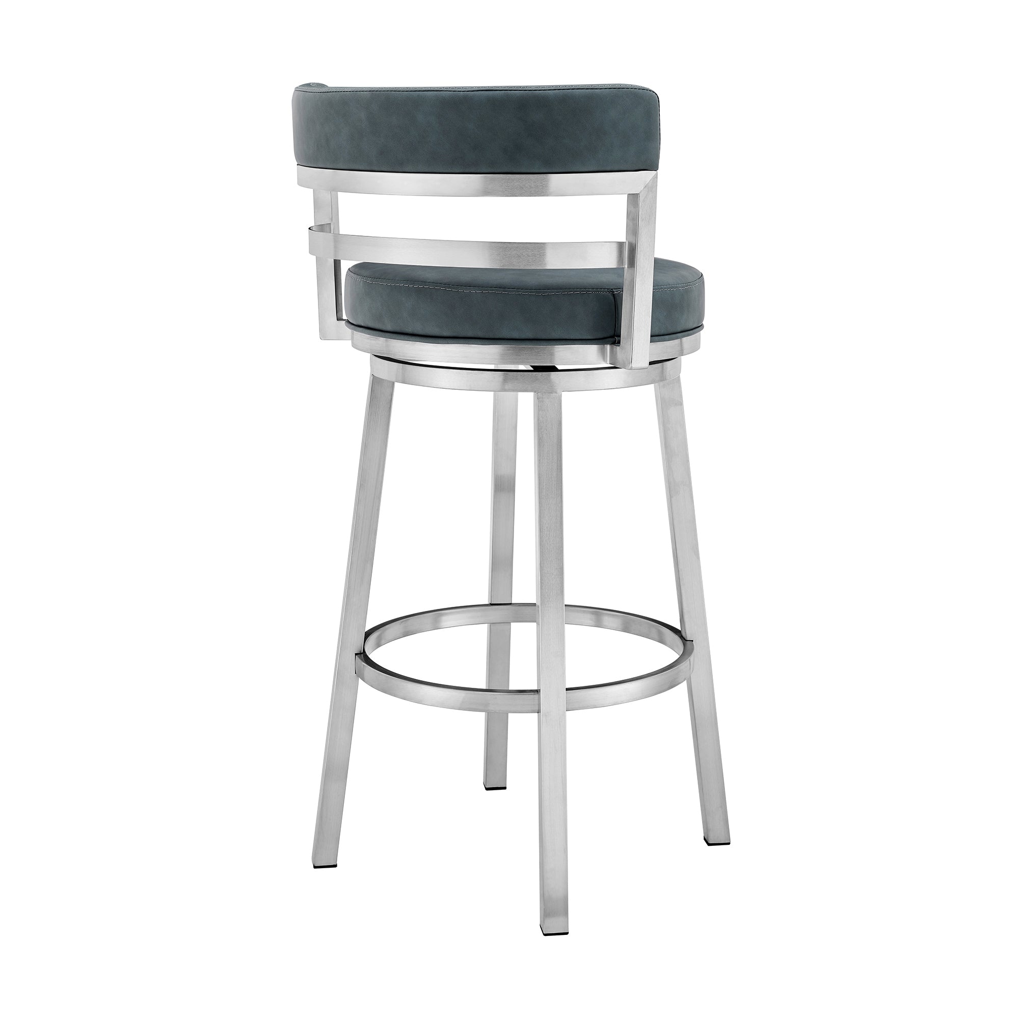 26" Blue And Silver Faux Leather And Fabric And Steel Low Back Counter Height Swivel Bar Chair