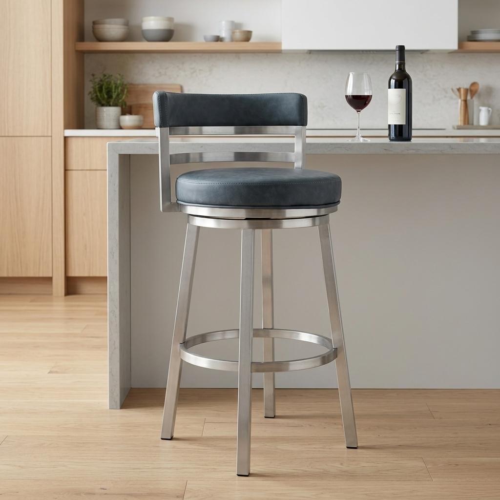 26" Blue And Silver Faux Leather And Fabric And Steel Low Back Counter Height Swivel Bar Chair