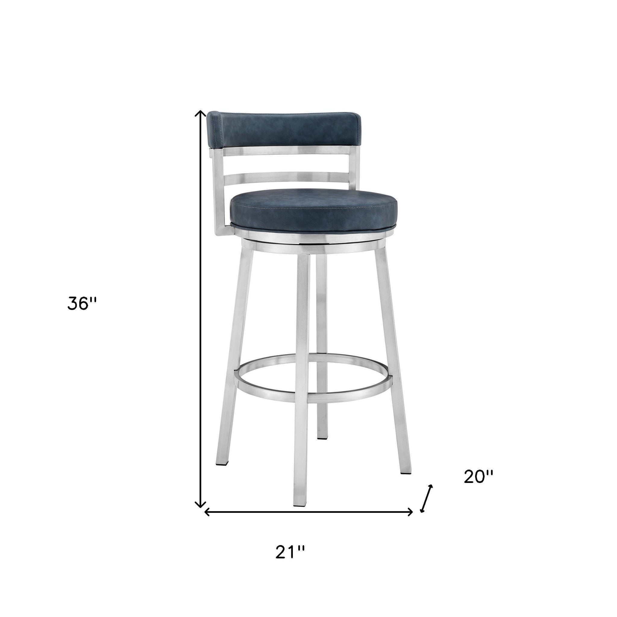 26" Blue And Silver Faux Leather And Fabric And Steel Low Back Counter Height Swivel Bar Chair