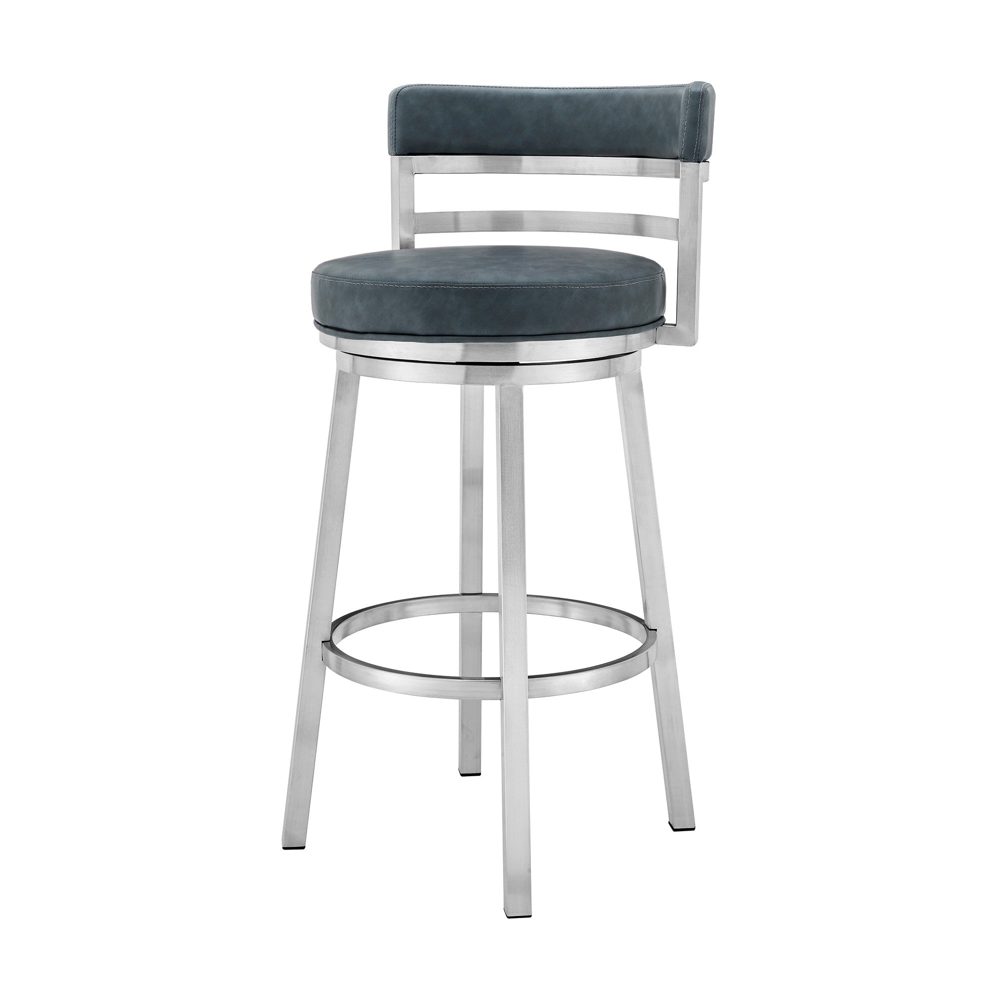 30" Blue And Silver Faux Leather And Fabric And Iron Low Back Bar Height Swivel Bar Chair
