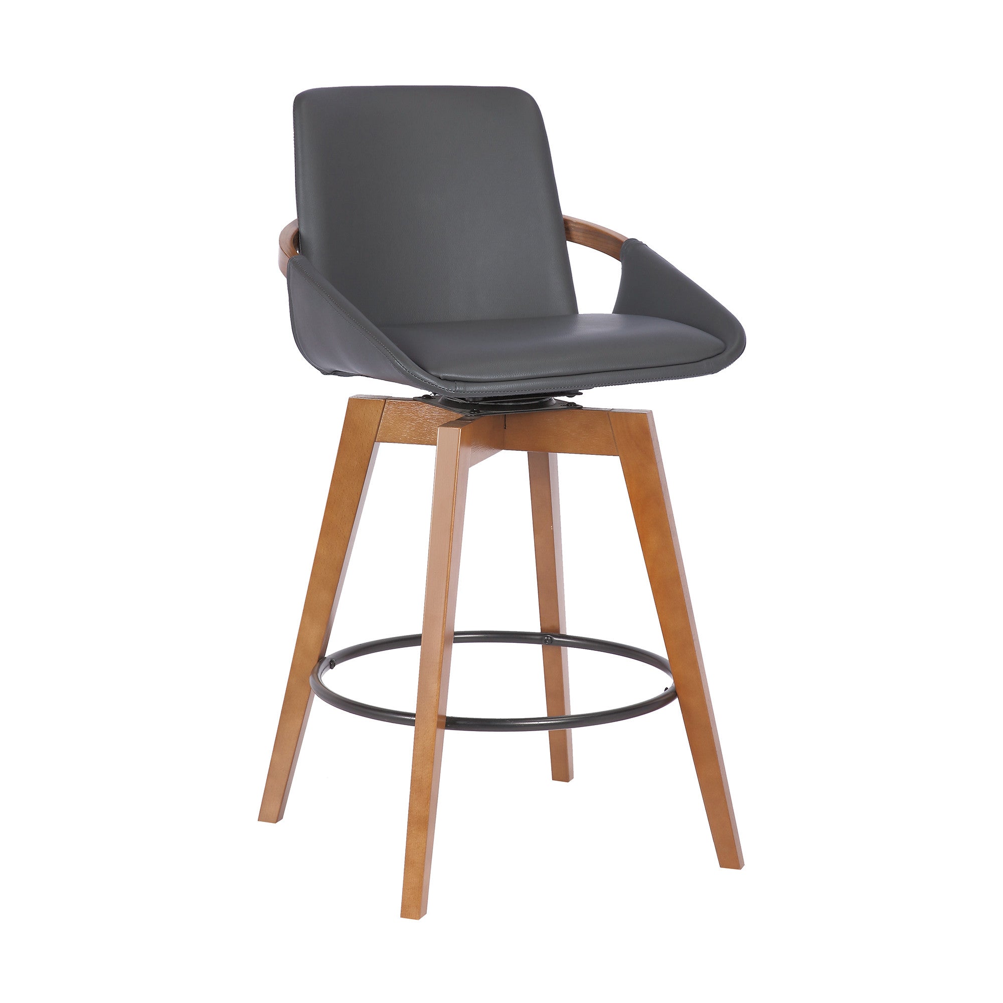 27" Gray And Brown Fabric And Iron Counter Height Swivel Bar Chair
