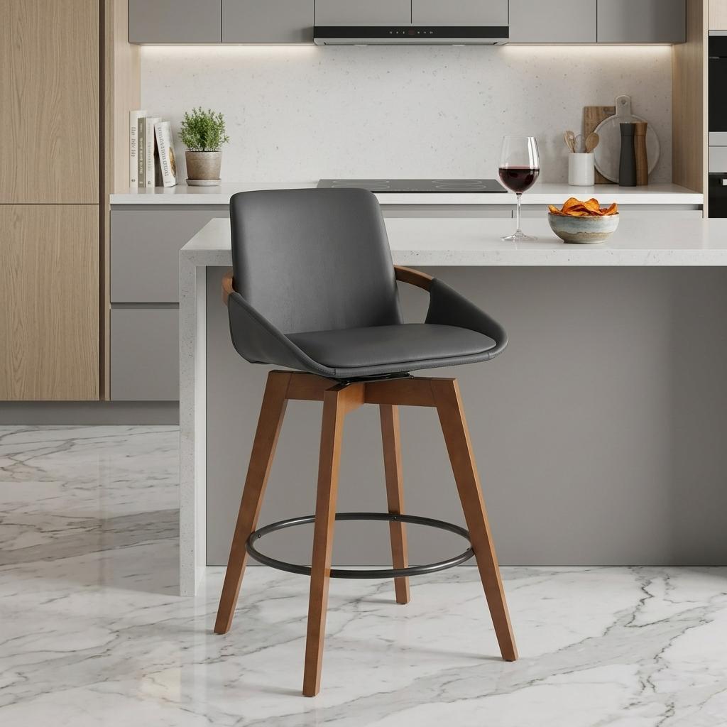 27" Gray And Brown Fabric And Iron Counter Height Swivel Bar Chair