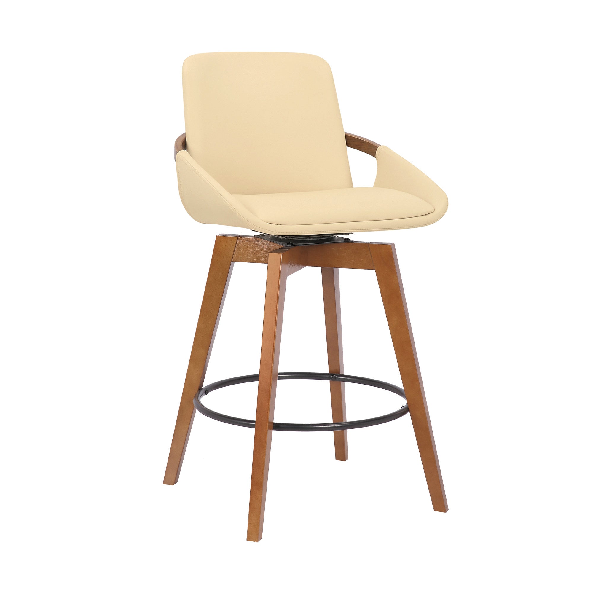 27" Cream And Brown Fabric And Iron Counter Height Swivel Bar Chair