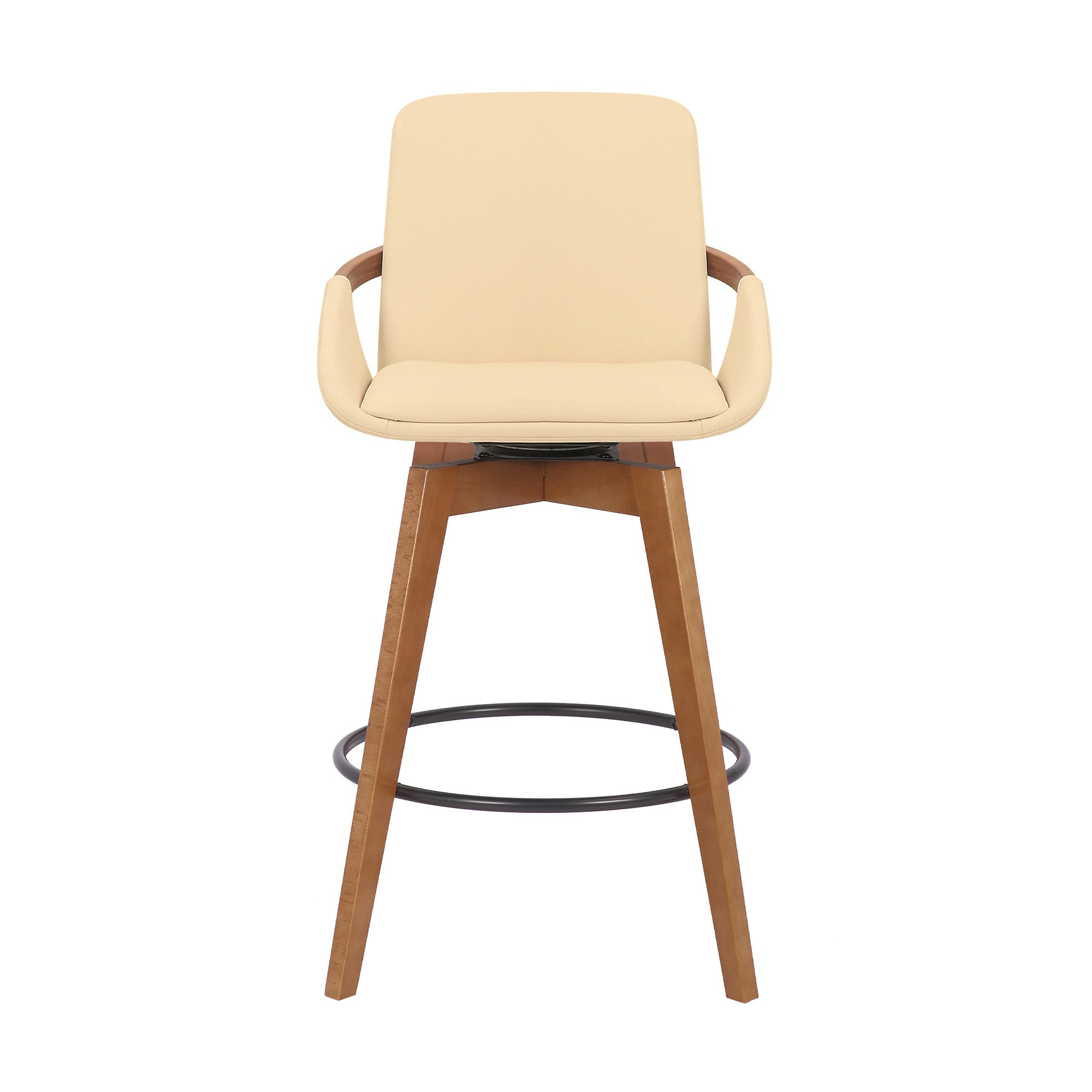 27" Cream And Brown Fabric And Iron Counter Height Swivel Bar Chair