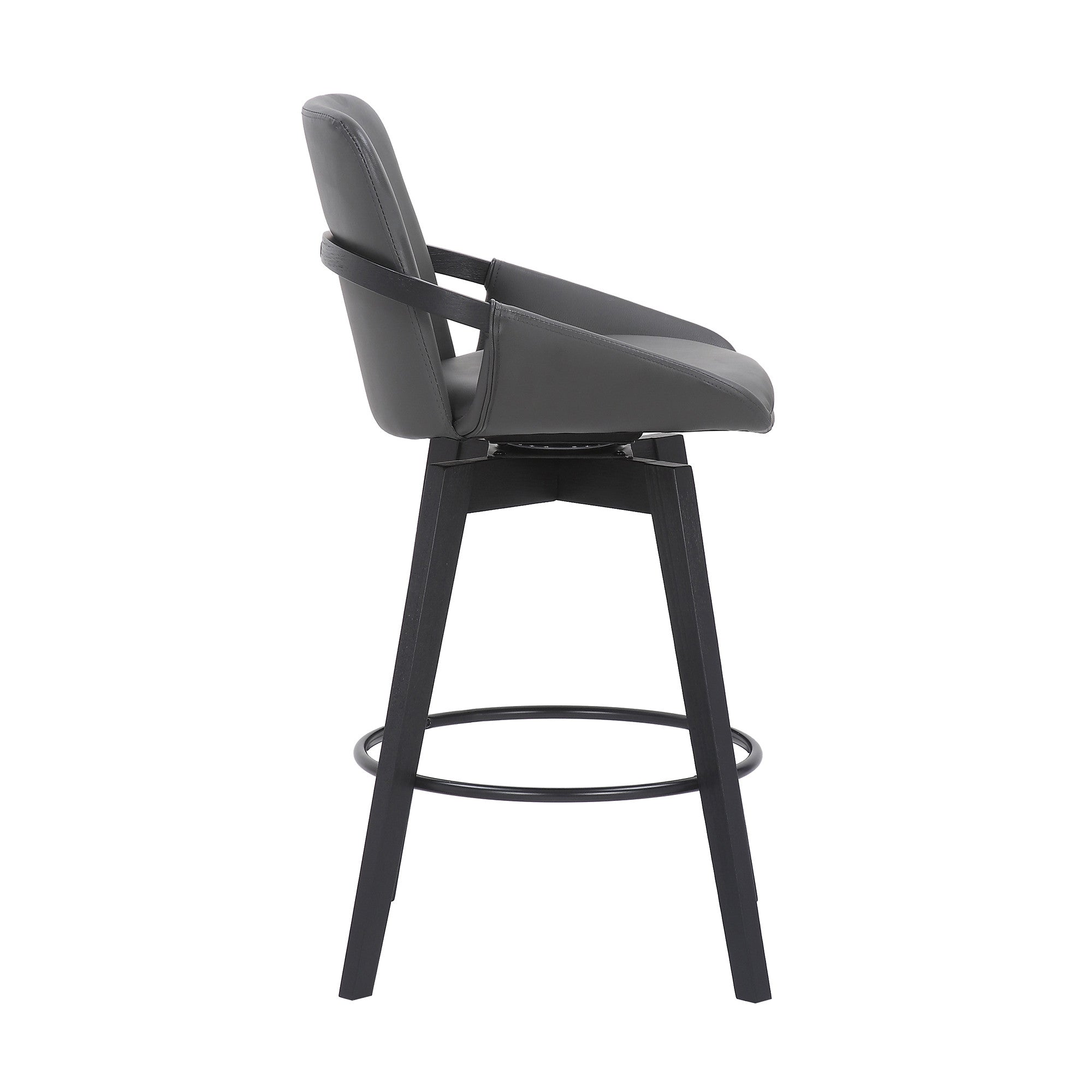 27" Gray And Black Faux Leather And Wood Low Back Bar Height Swivel Bar Chair