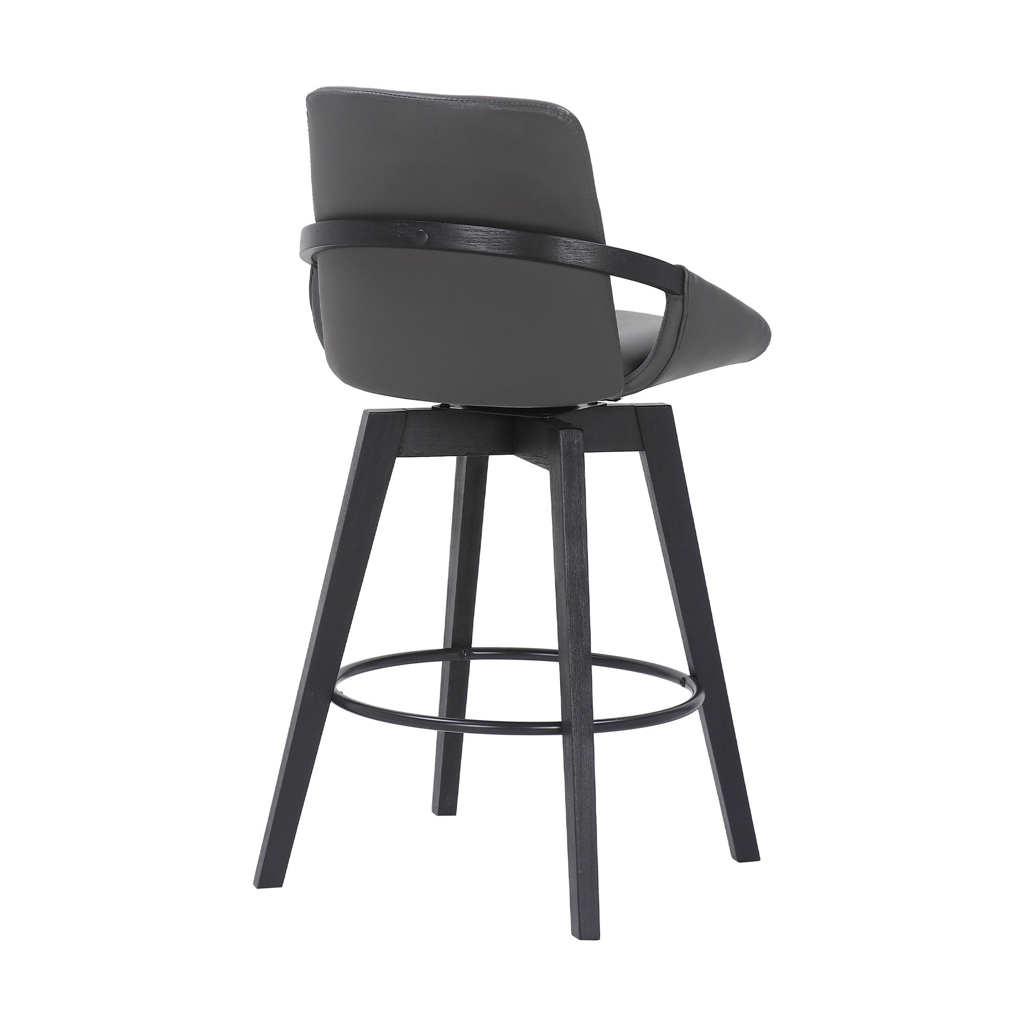 27" Gray And Black Faux Leather And Wood Low Back Bar Height Swivel Bar Chair