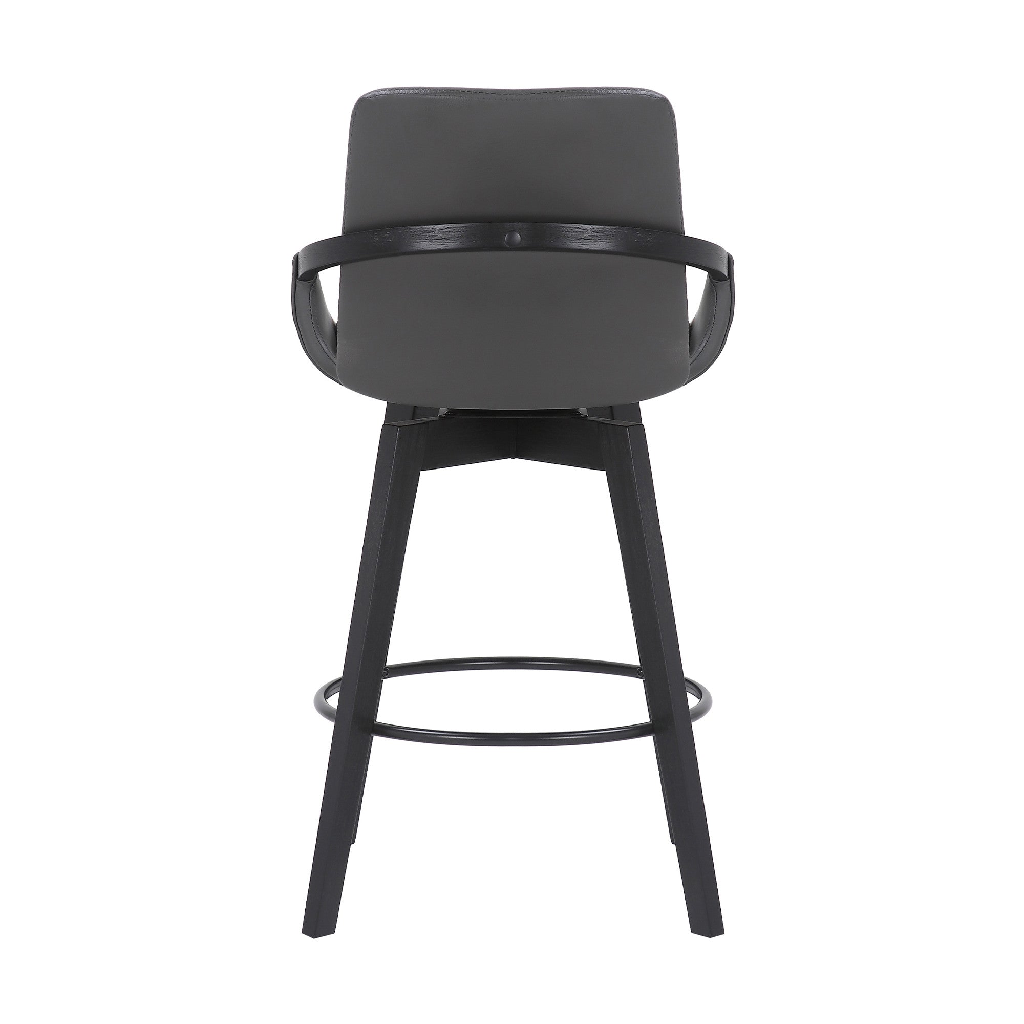 27" Gray And Black Faux Leather And Wood Low Back Bar Height Swivel Bar Chair
