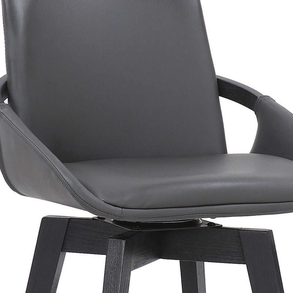 27" Gray And Black Faux Leather And Wood Low Back Bar Height Swivel Bar Chair