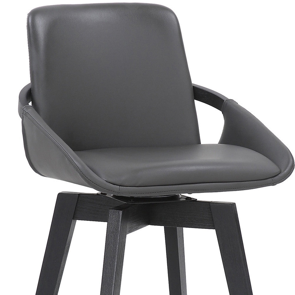 27" Gray And Black Faux Leather And Wood Low Back Bar Height Swivel Bar Chair