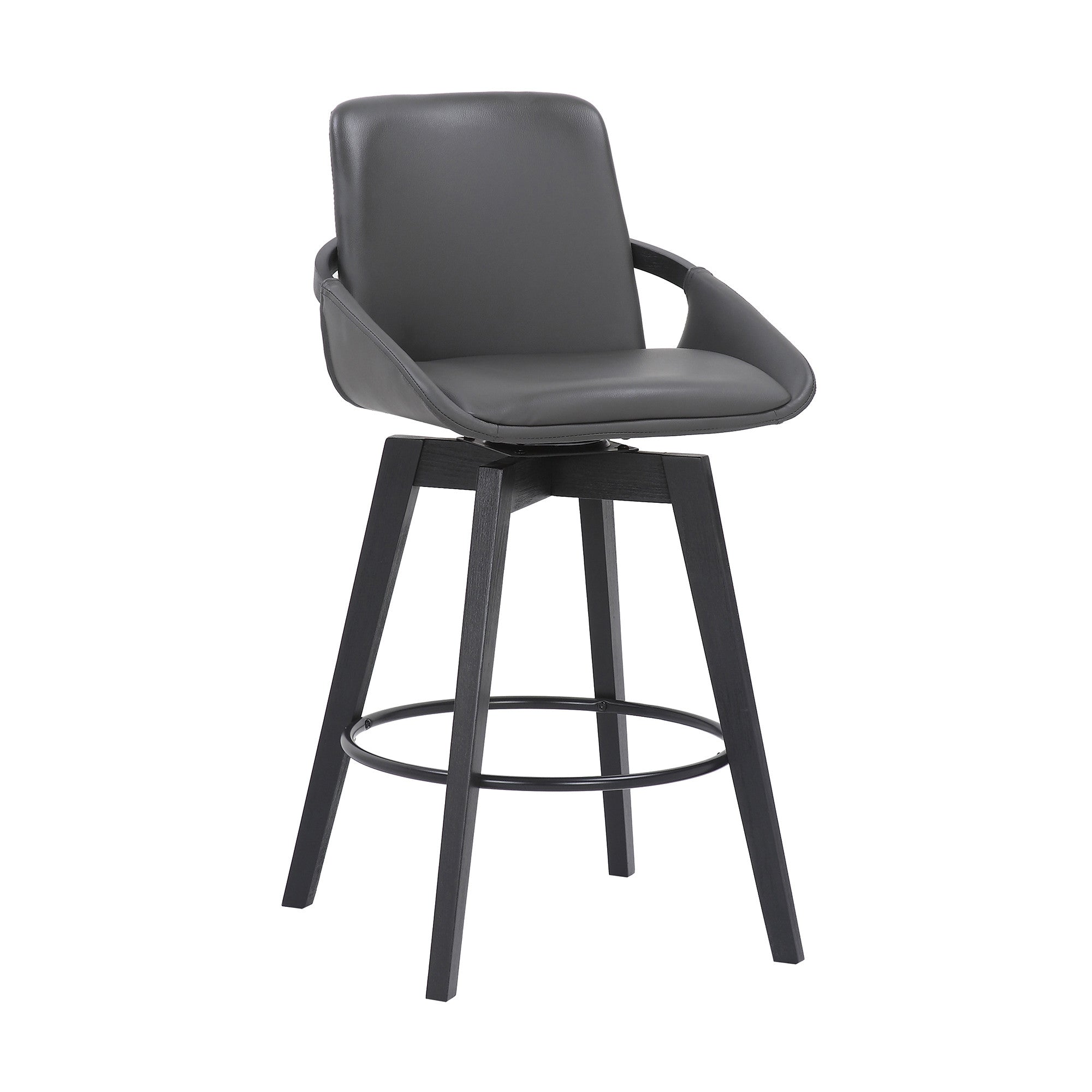 27" Gray And Black Faux Leather And Wood Low Back Bar Height Swivel Bar Chair