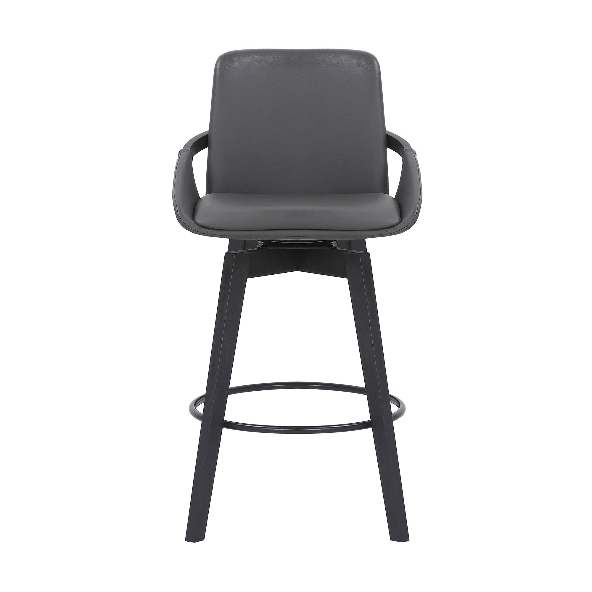 27" Gray And Black Faux Leather And Wood Low Back Bar Height Swivel Bar Chair