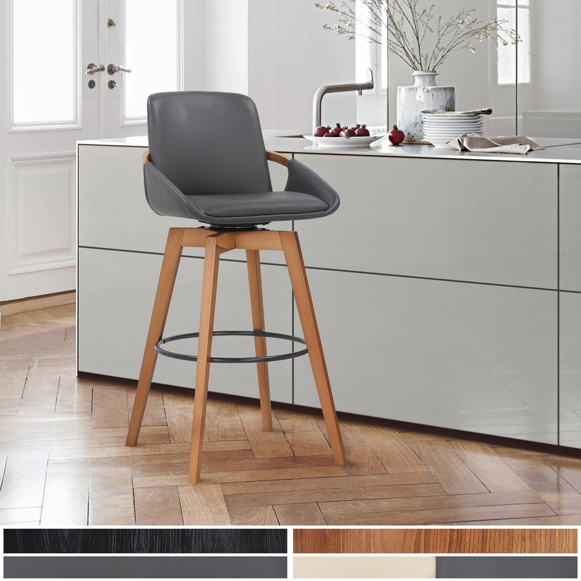 31" Gray And Black Fabric And Iron Bar Height Swivel Bar Chair