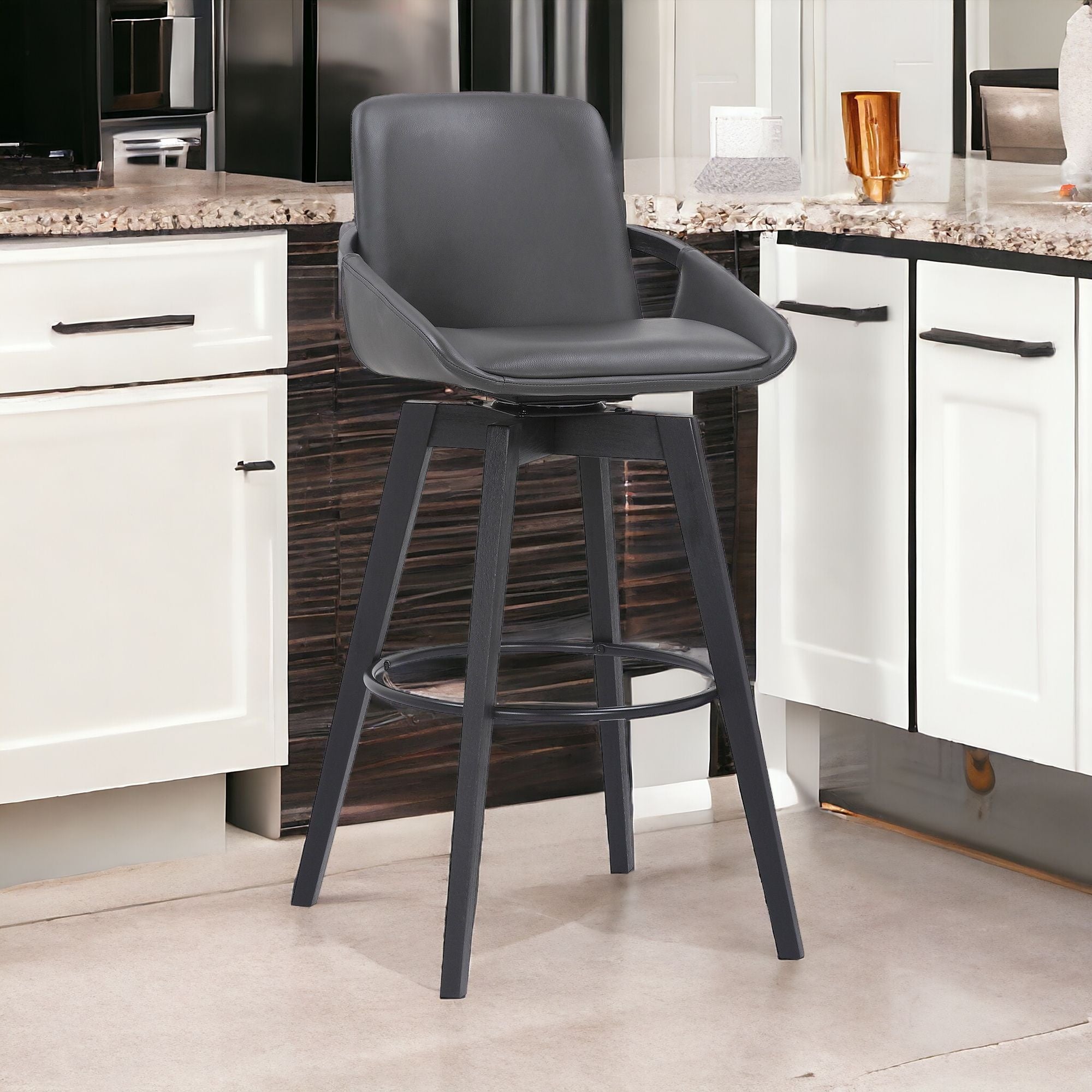 31" Gray and Black Fabric and Iron Bar Height Swivel Bar Chair