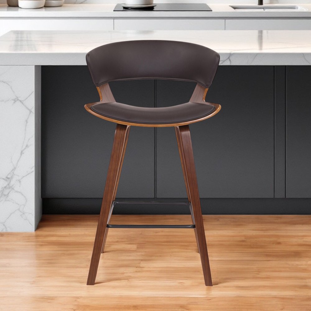 27" Brown Faux Leather and Iron Low Back Counter Height Bar Chair