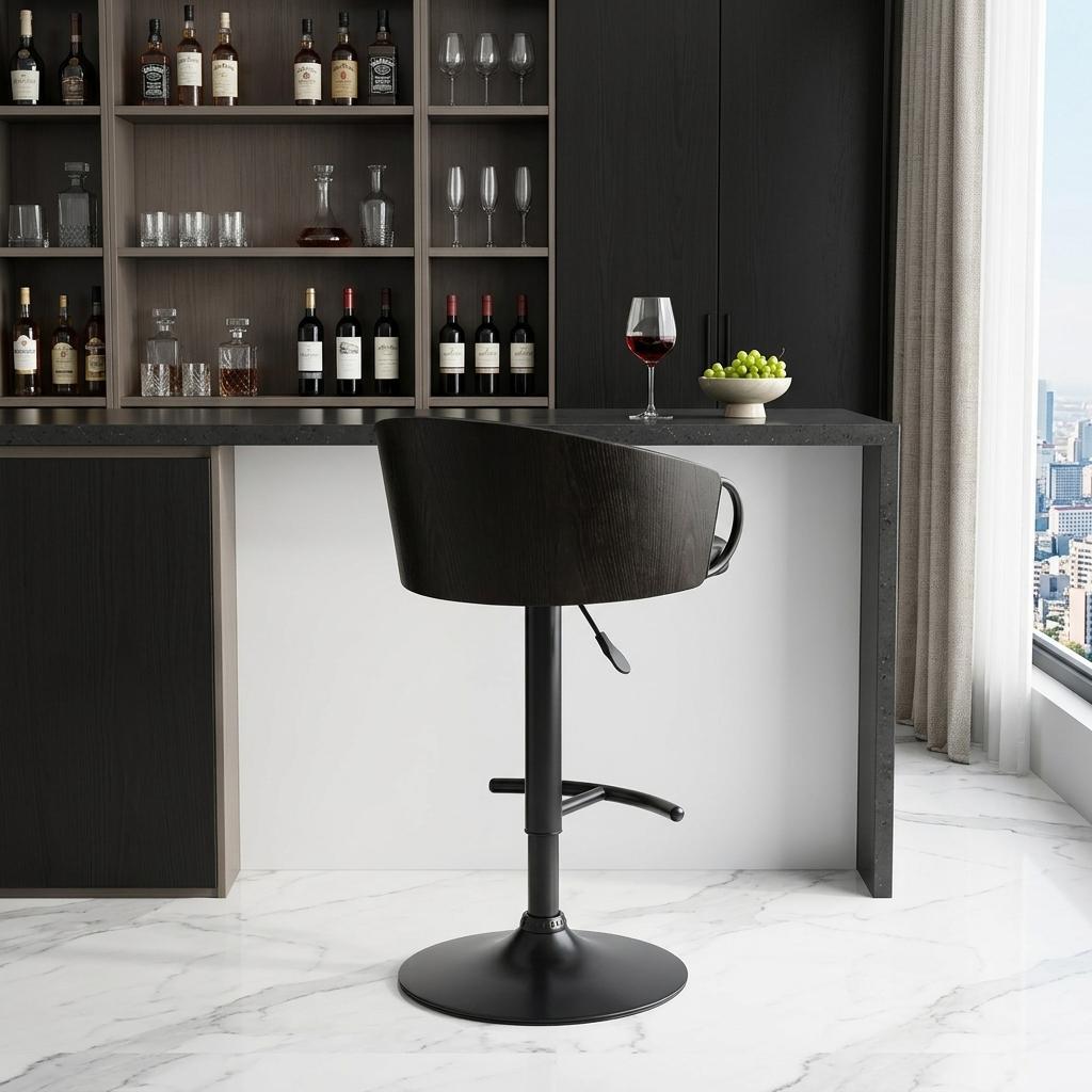 Black Faux Leather And Fabric And Iron Low Back Adjustable Height Swivel Bar Chair