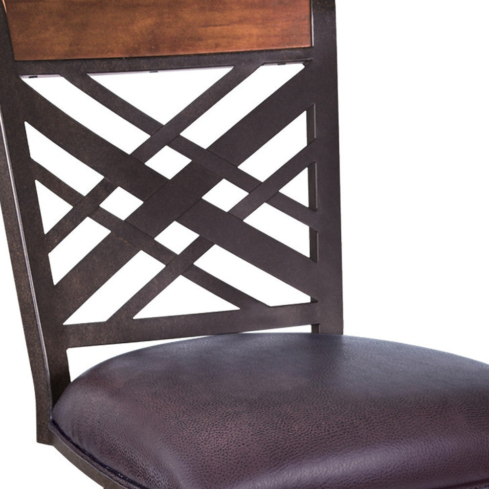 30" Brown Faux Leather And Fabric And Iron Bar Height Bar Chair