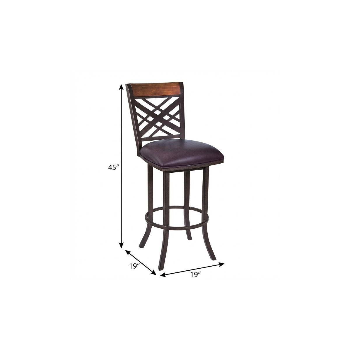 30" Brown Faux Leather And Fabric And Iron Bar Height Bar Chair