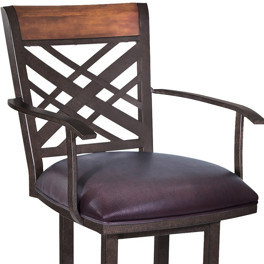 26" Brown Faux Leather And Fabric And Iron Counter Height Bar Chair