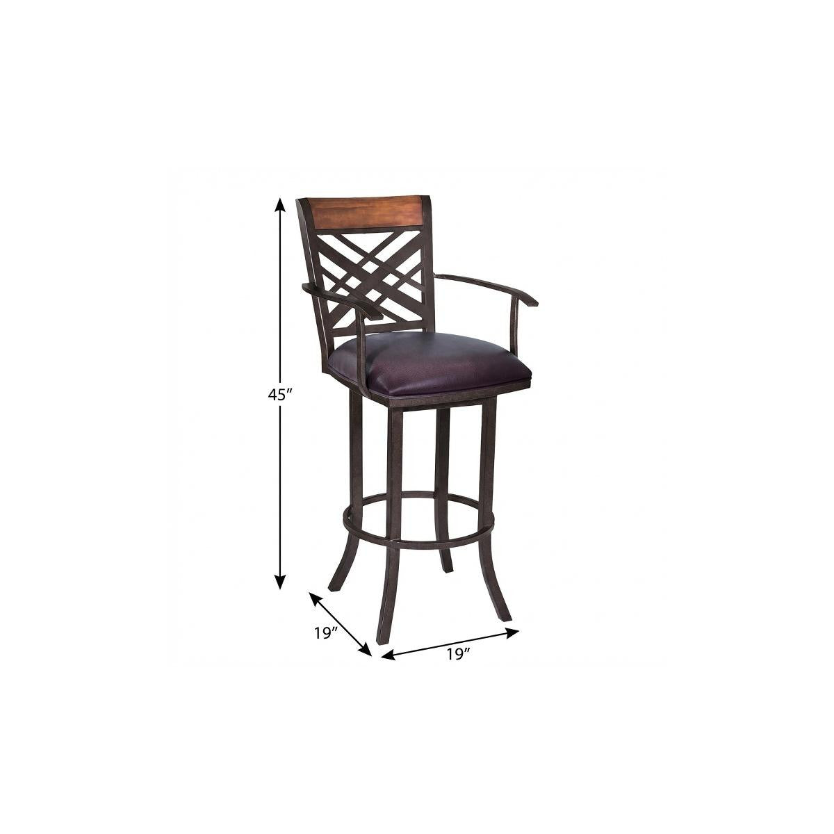 30" Brown Faux Leather And Fabric And Iron Bar Height Bar Chair