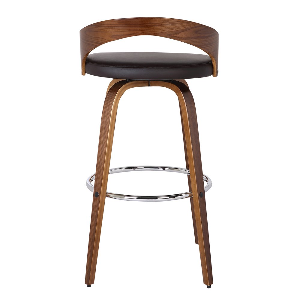 30" Brown Faux Leather And Fabric And Solid Wood Low Back Bar Height Swivel Bar Chair