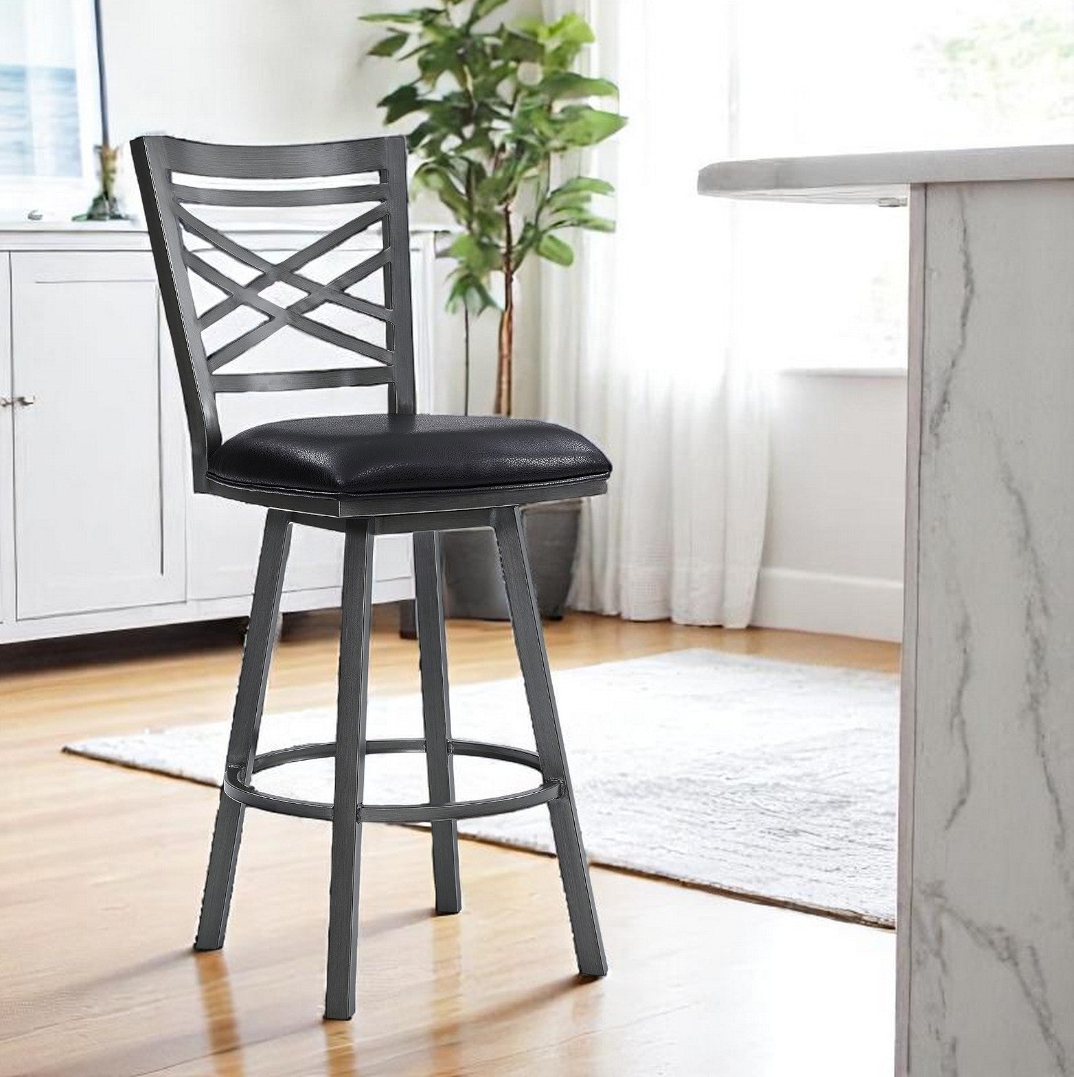 26" Black Fabric And Iron Counter Height Bar Chair