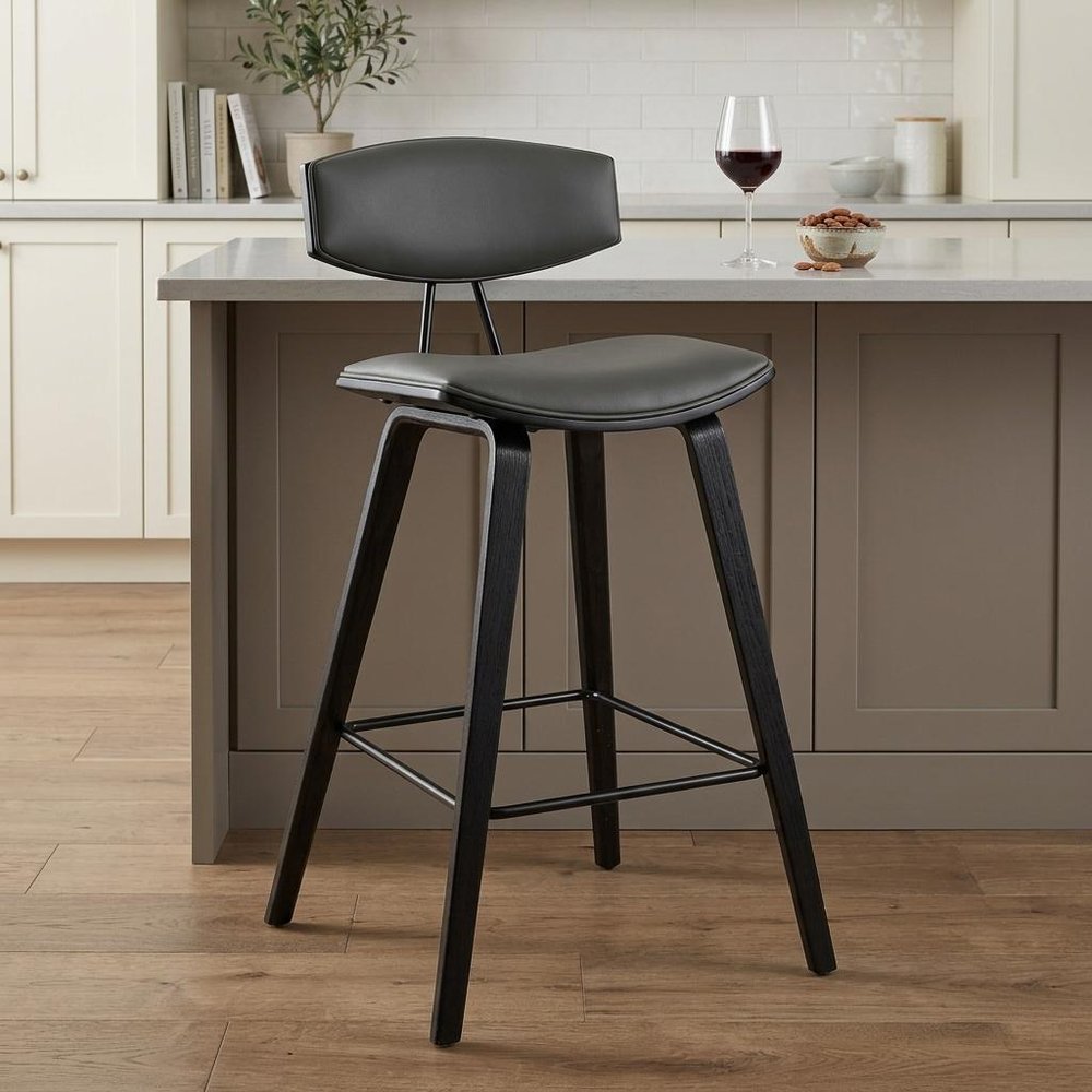 26" Gray And Black Faux Leather And Iron Low Back Counter Height Bar Chair