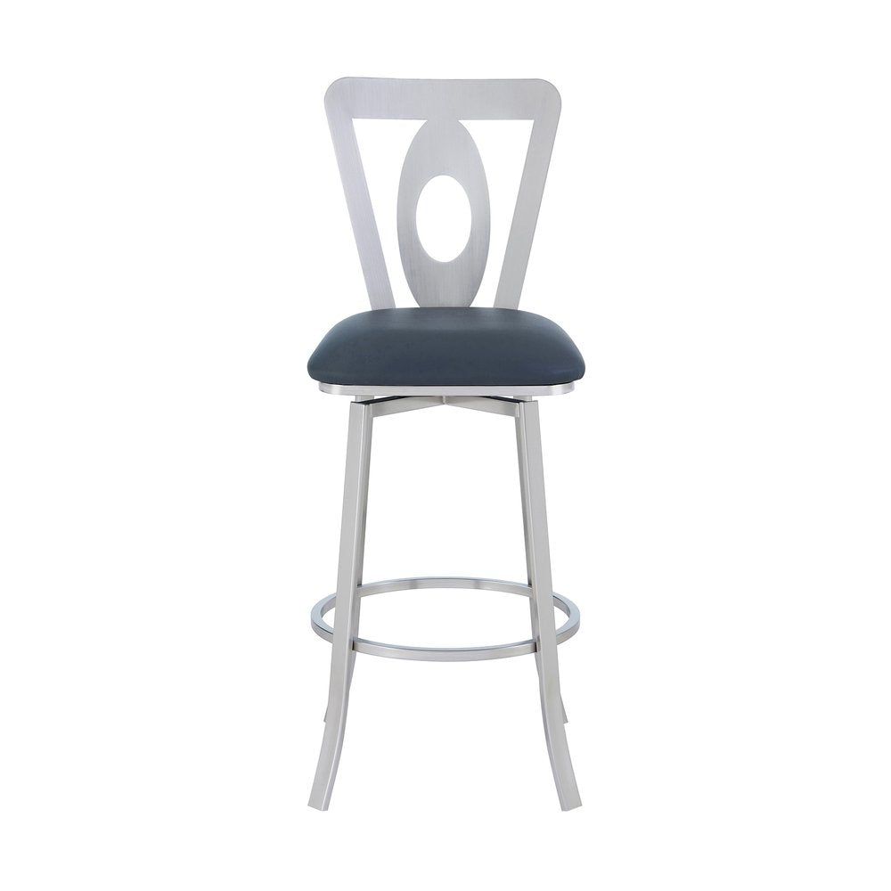30" Gray And Silver Faux Leather And Iron Swivel Bar Height Bar Chair