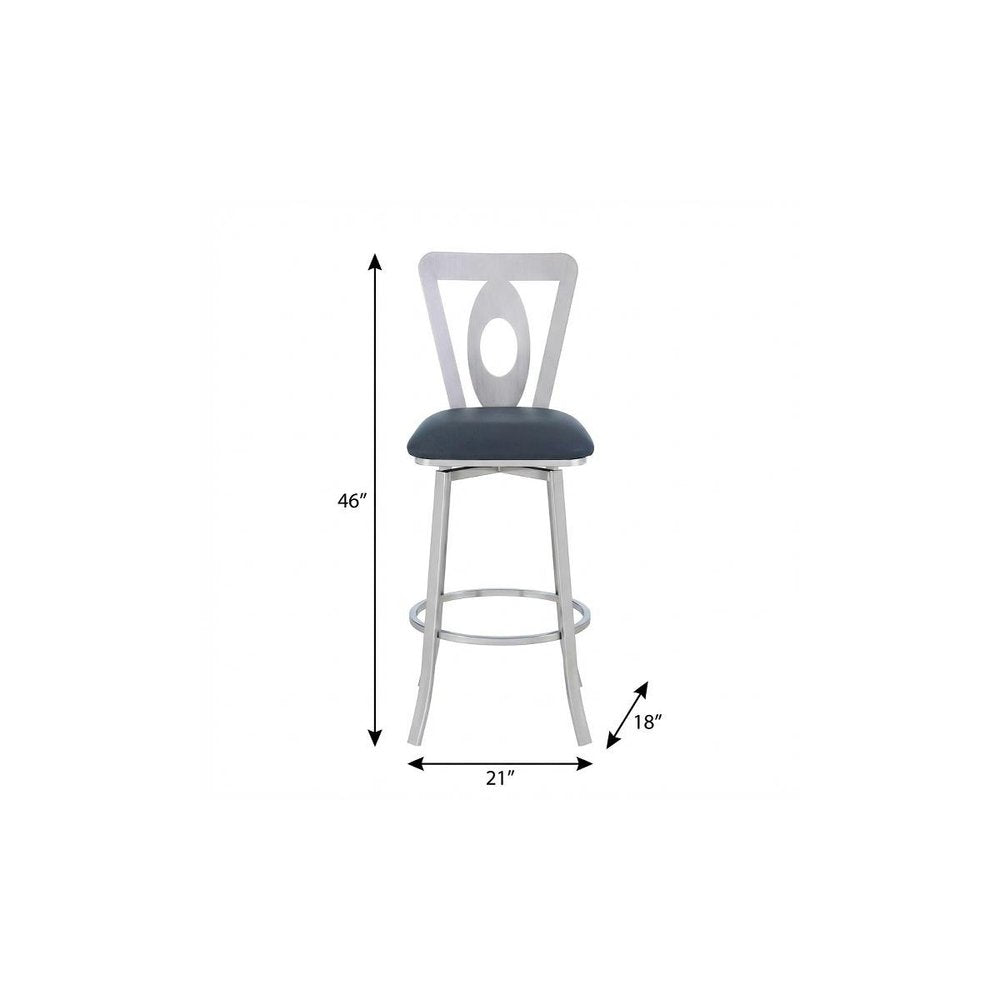 30" Gray And Silver Faux Leather And Iron Swivel Bar Height Bar Chair