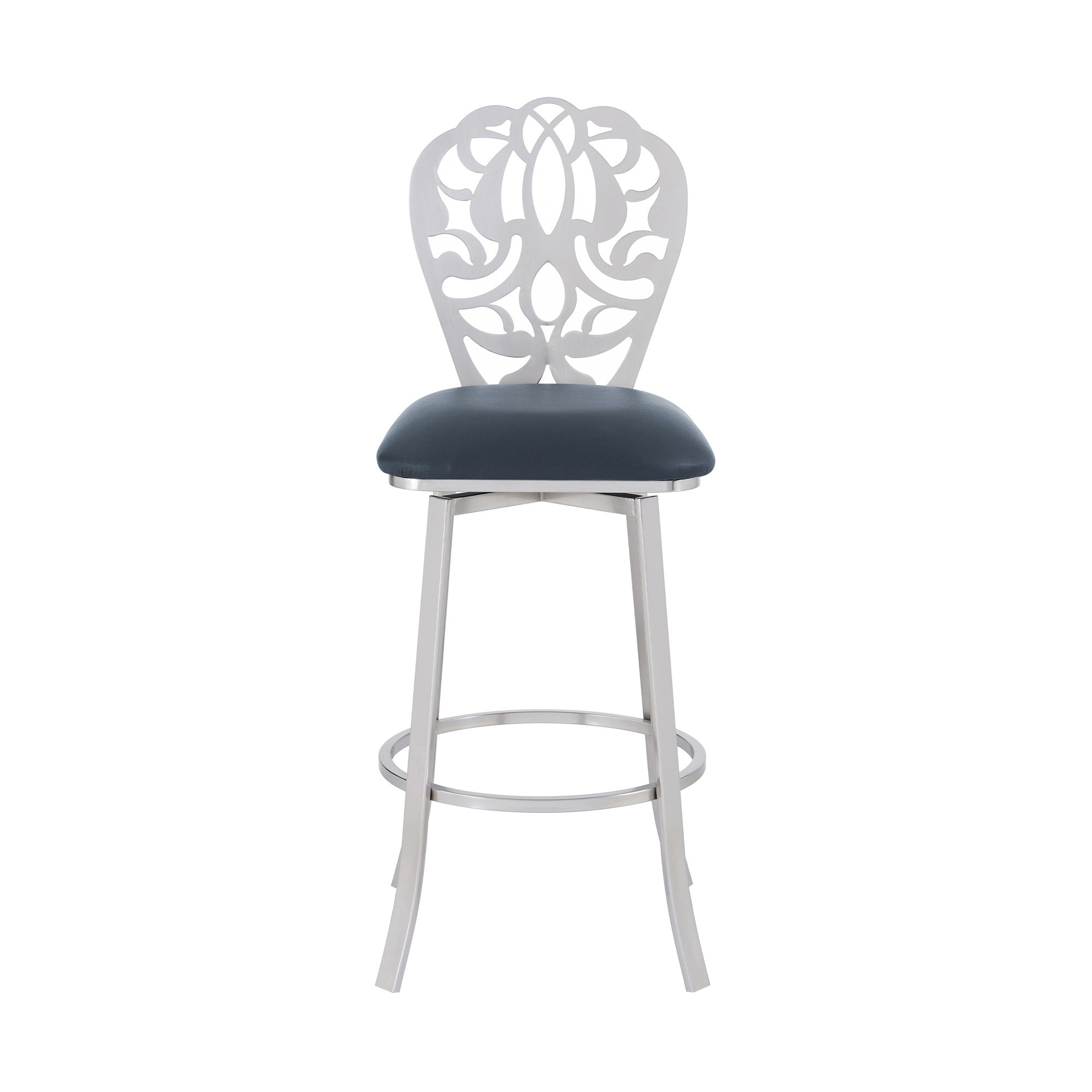 30" Gray And Silver Fabric And Iron Bar Height Swivel Bar Chair