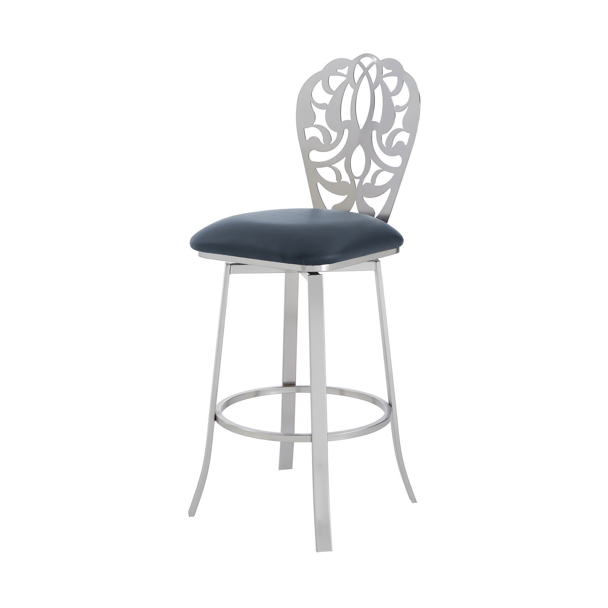 30" Gray And Silver Fabric And Iron Bar Height Swivel Bar Chair