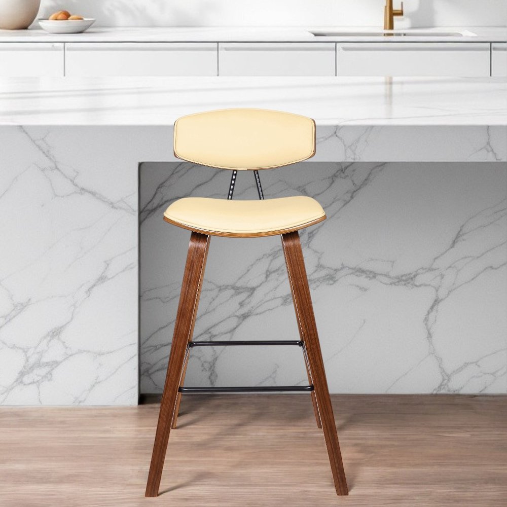 29" Cream and Brown Faux Leather and Iron Low Back Bar Height Bar Chair