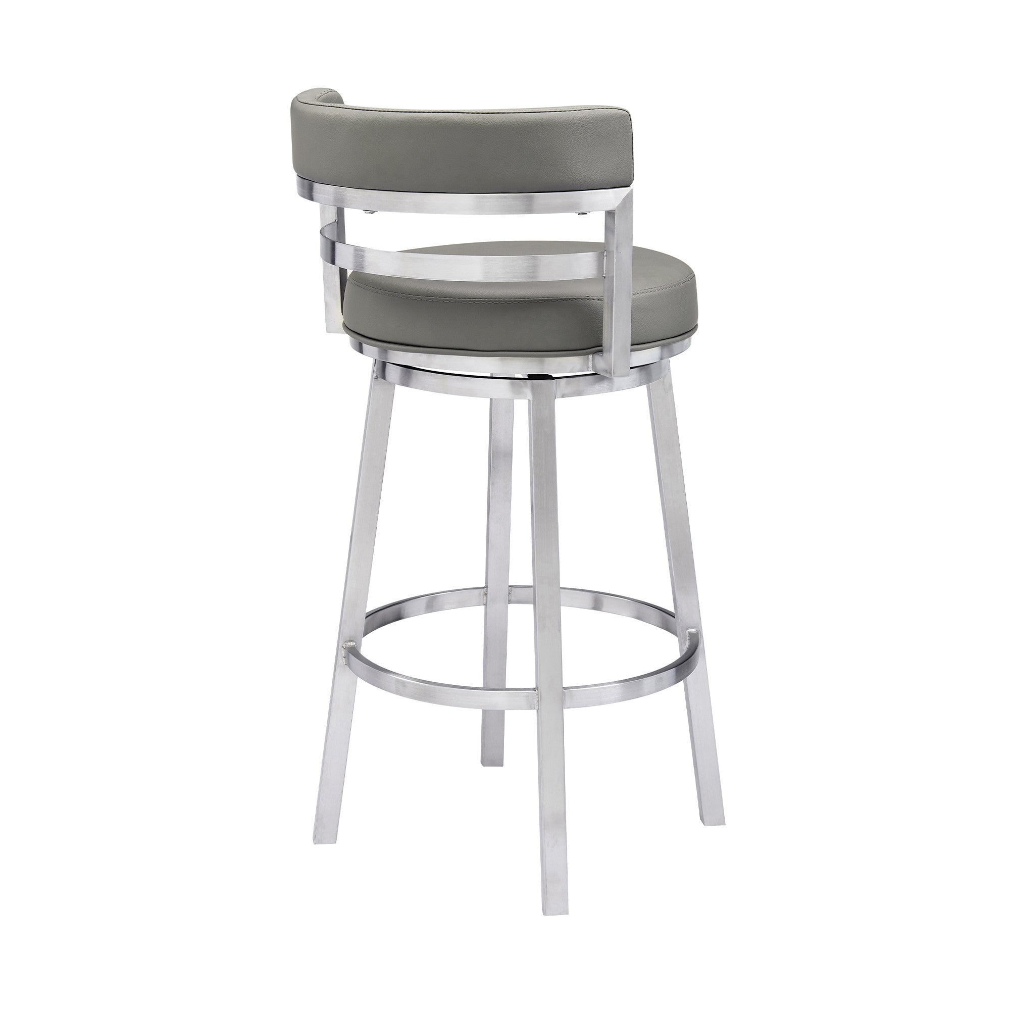 30" Gray And Silver Faux Leather And Faux Leather And Iron Low Back Bar Height Swivel Bar Chair