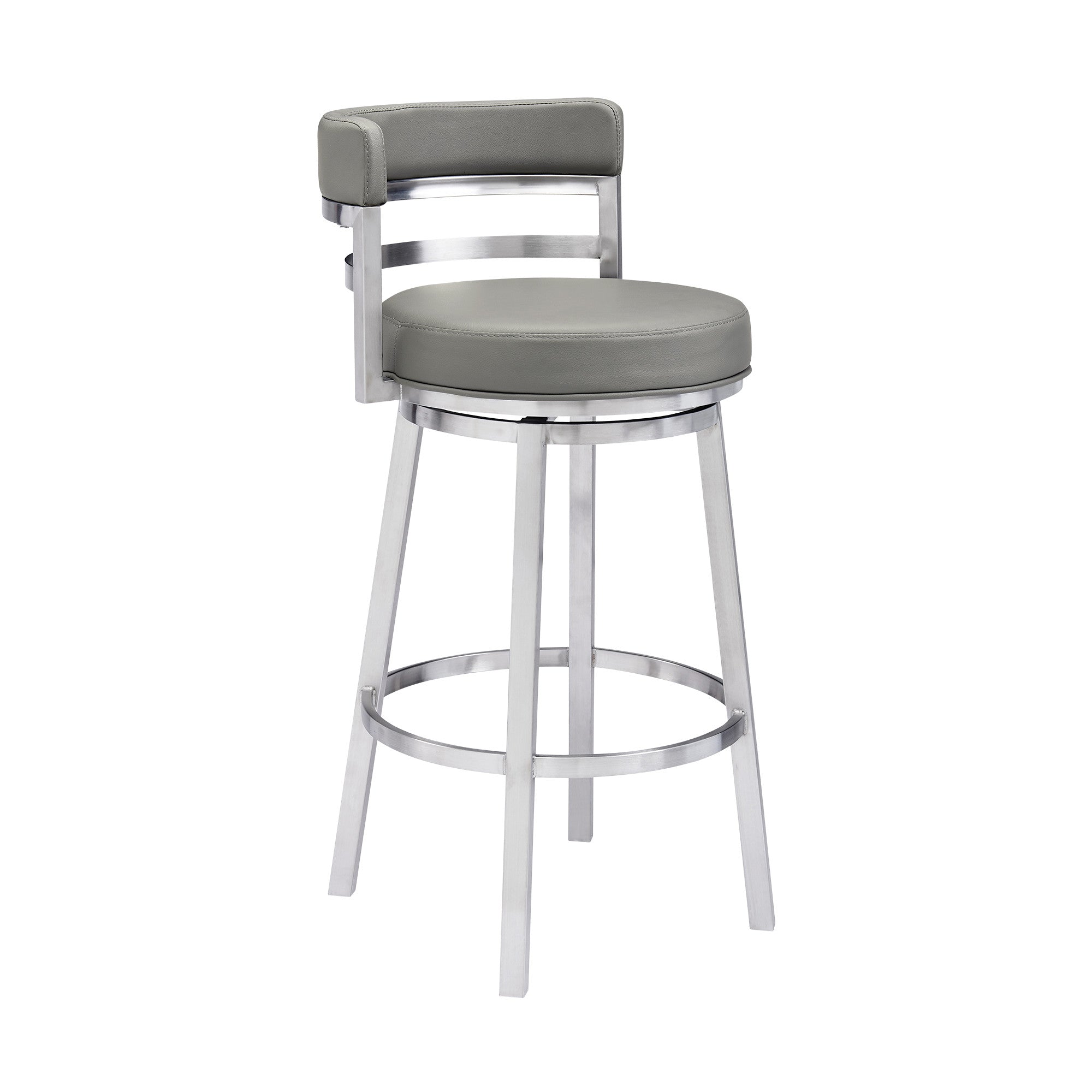 30" Gray And Silver Faux Leather And Faux Leather And Iron Low Back Bar Height Swivel Bar Chair