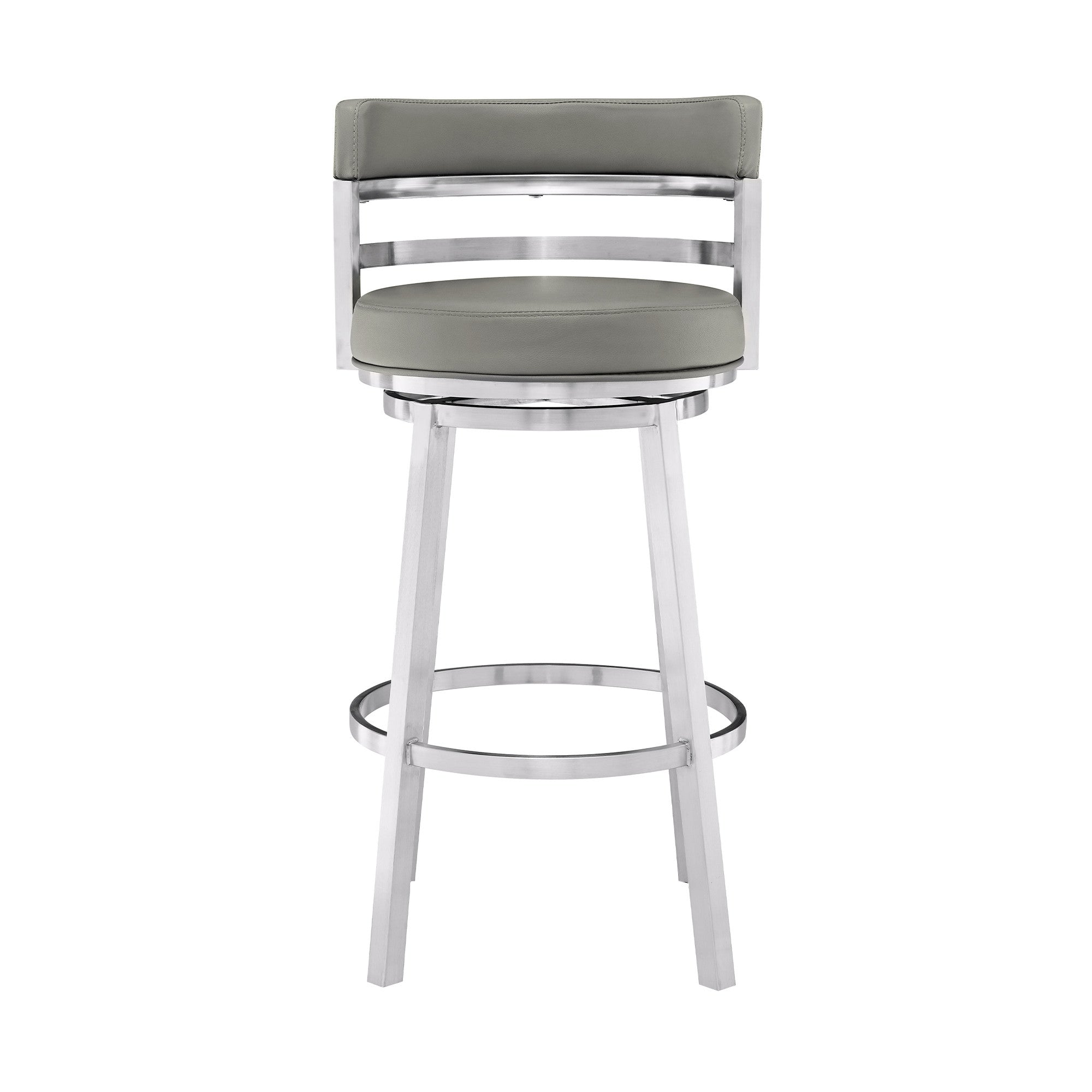 30" Gray And Silver Faux Leather And Faux Leather And Iron Low Back Bar Height Swivel Bar Chair