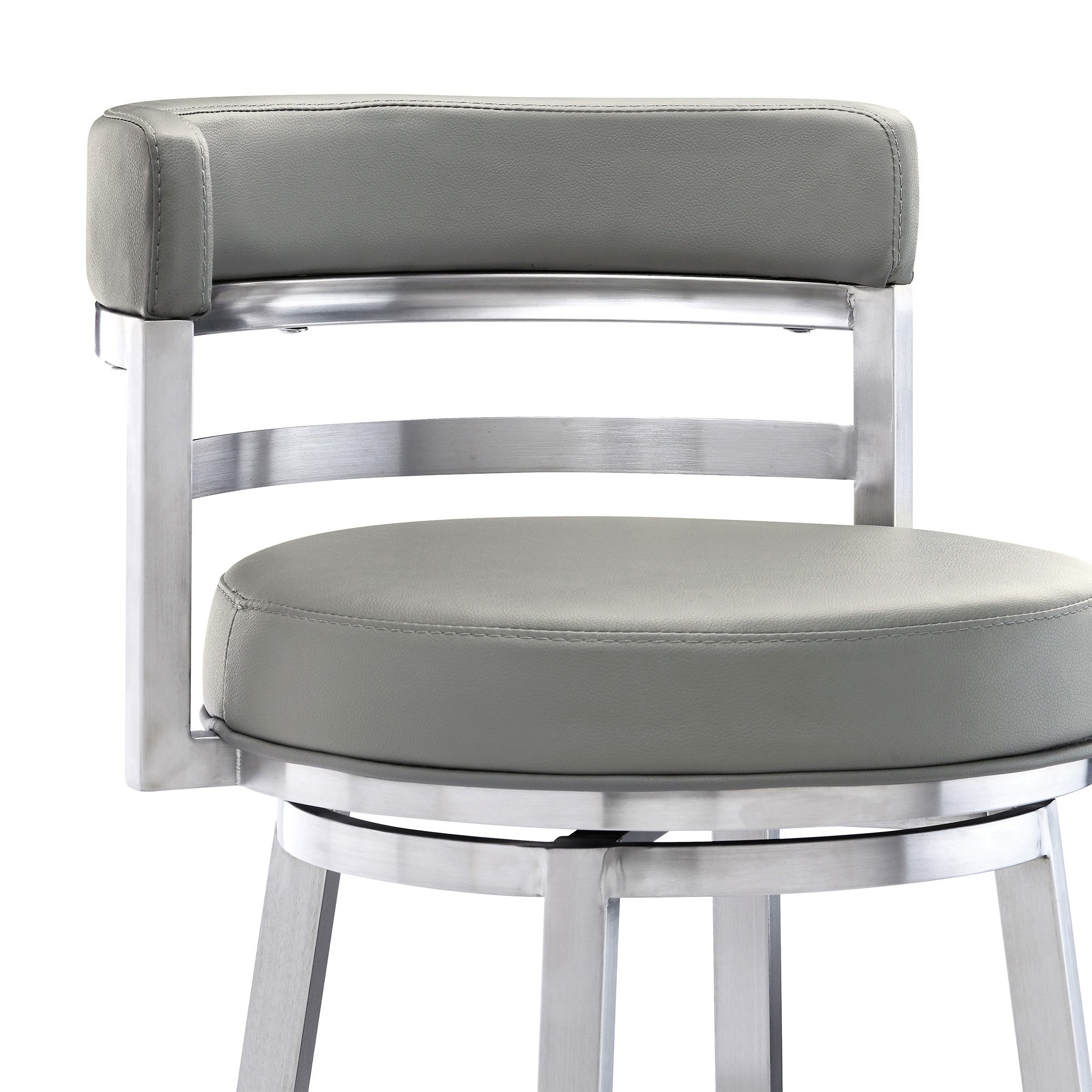 30" Gray And Silver Faux Leather And Faux Leather And Iron Low Back Bar Height Swivel Bar Chair