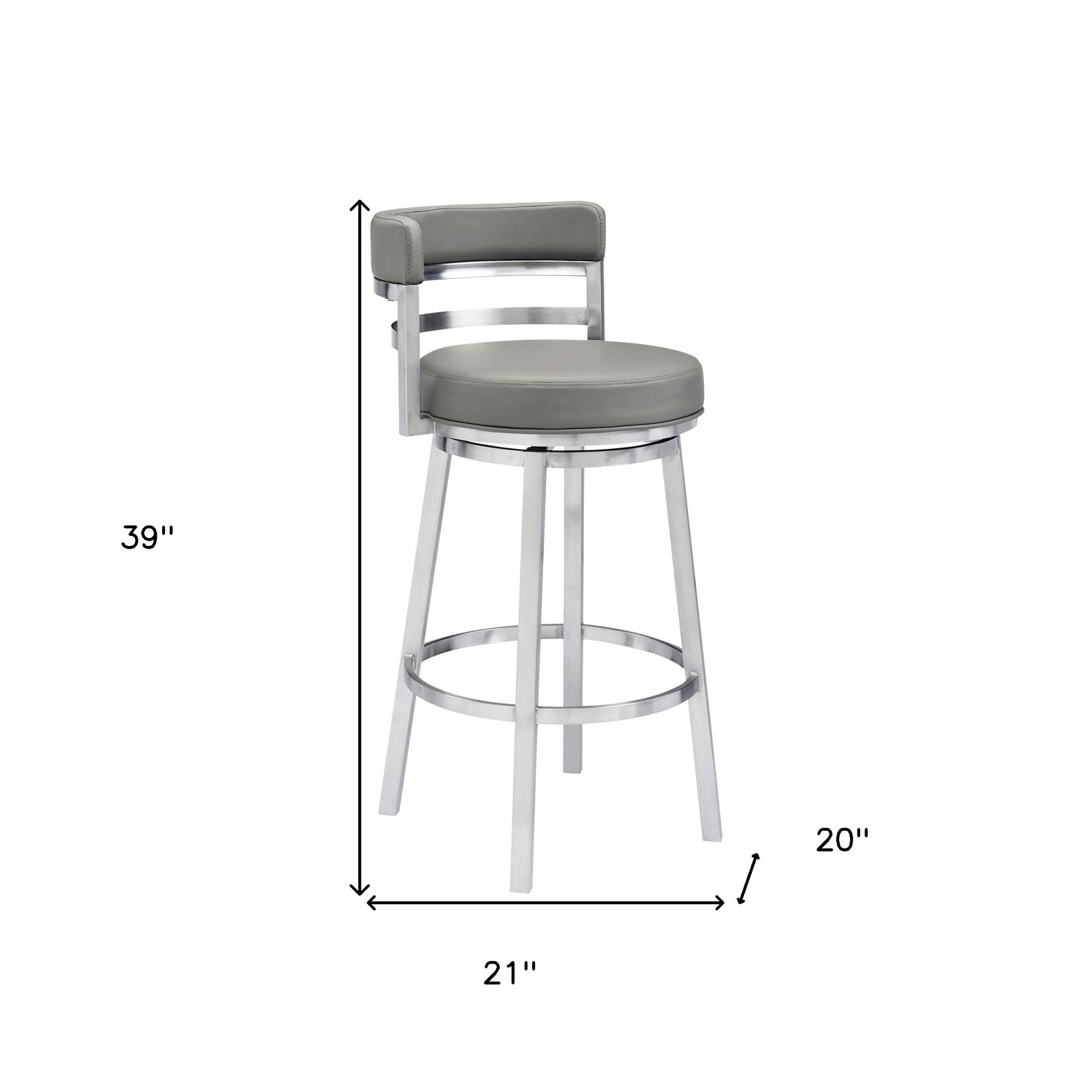 30" Gray And Silver Faux Leather And Faux Leather And Iron Low Back Bar Height Swivel Bar Chair