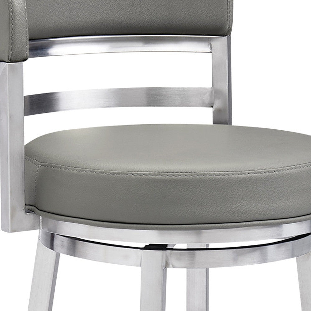 30" Gray And Silver Faux Leather And Faux Leather And Iron Low Back Bar Height Swivel Bar Chair