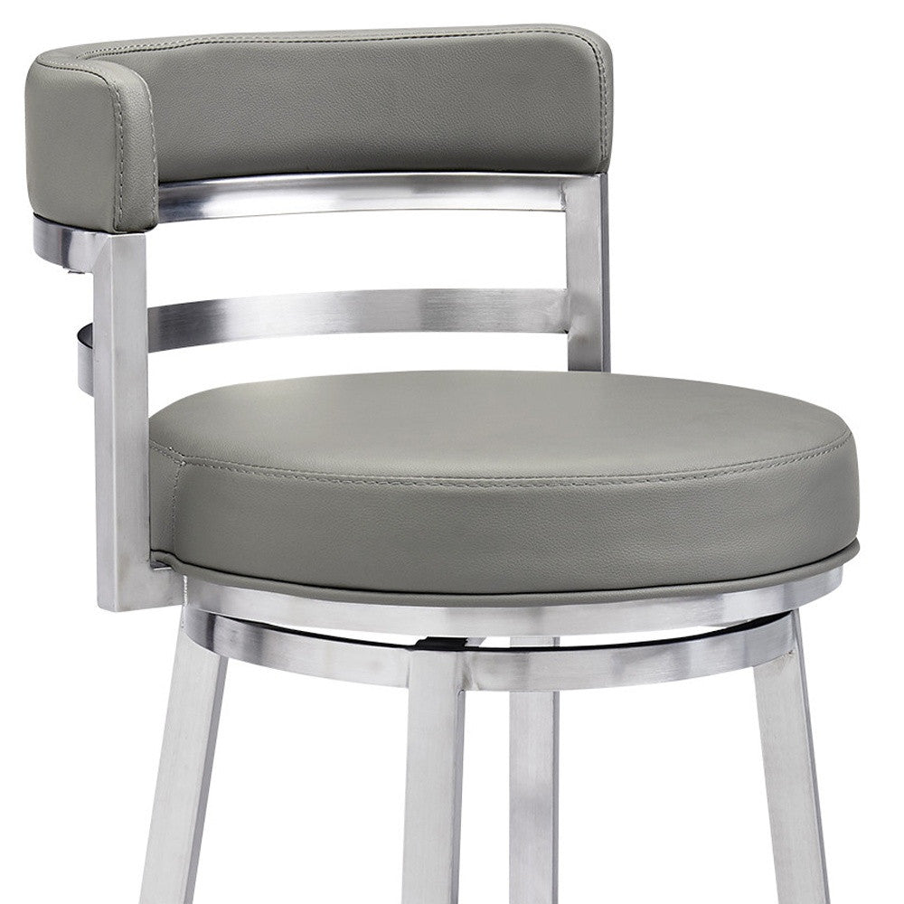 30" Gray And Silver Faux Leather And Faux Leather And Iron Low Back Bar Height Swivel Bar Chair